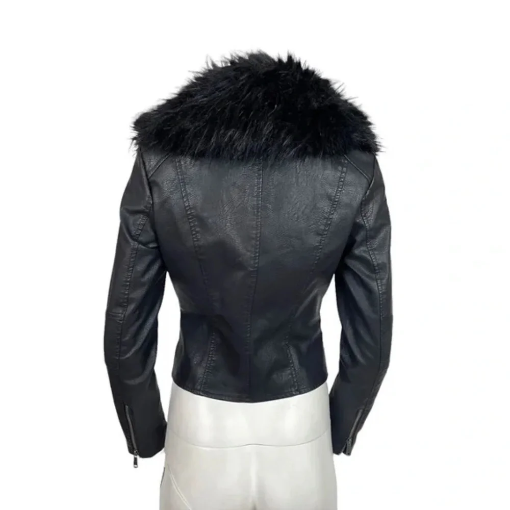 Black Vegan Leather Jacket Faux Fur Collar Belted Y2K Glam NWT